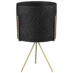 B&M Leaf Embossed Planter On Gold Stand - Black
